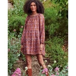 Xirena Lea Cottage Boho Brown Floral Dress Small Oversized Golden Silk Cotton